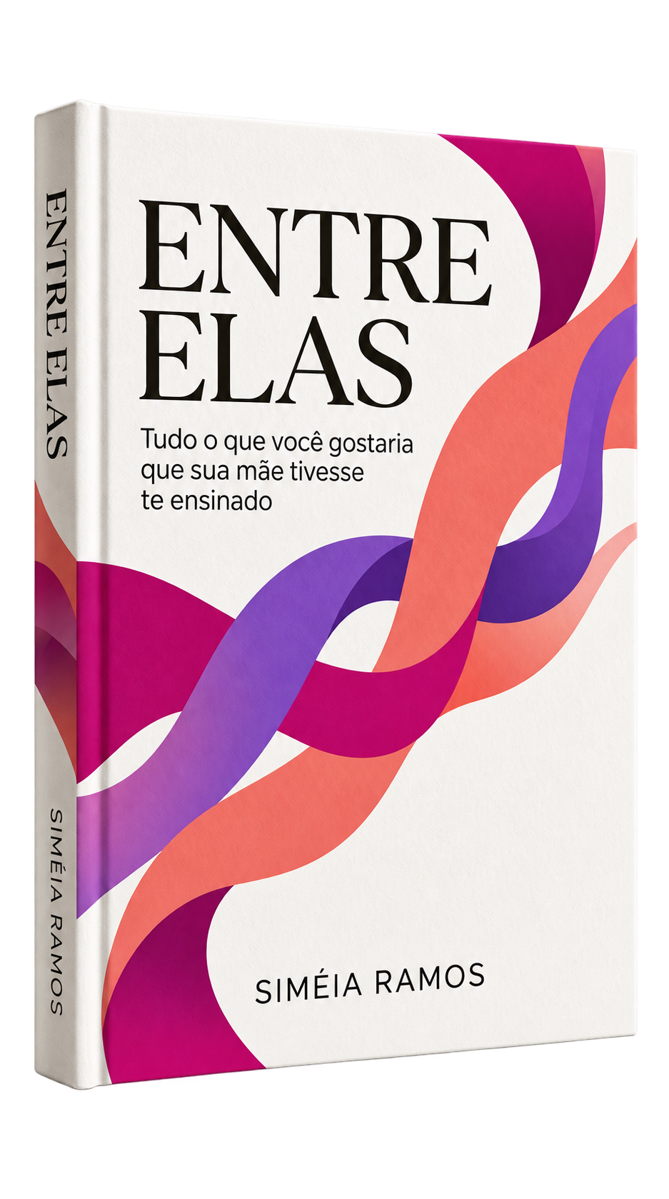 Livro Entre Elas em mockup 3D, com lombada e capa em magenta, violeta e coral
